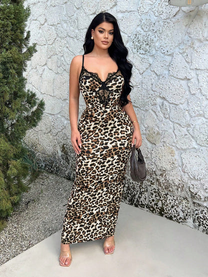 SXY Women's Leopard Print Lace Patchwork Bodycon Camisole Dress,Summer Dresses For Women