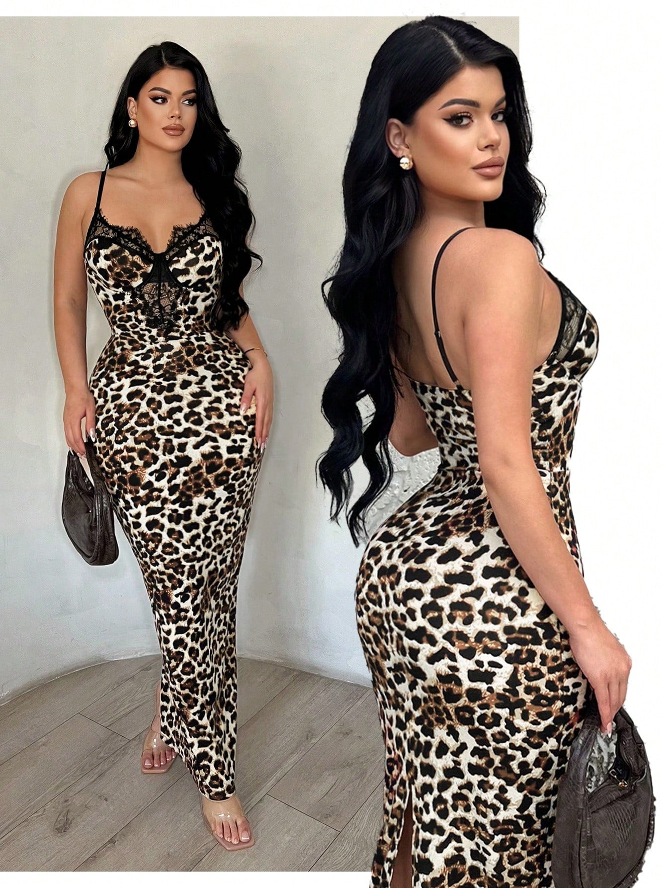 SXY Women's Leopard Print Lace Patchwork Bodycon Camisole Dress,Summer Dresses For Women