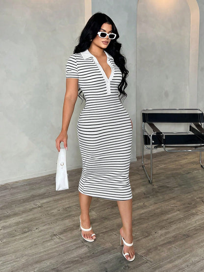 SXY Women's Summer Casual Sexy Everyday Black And White Checkered Elegant Polo Shirt Dress,Knit Stretchy Fitted Midi Bodycon Stripe Collared French Chic