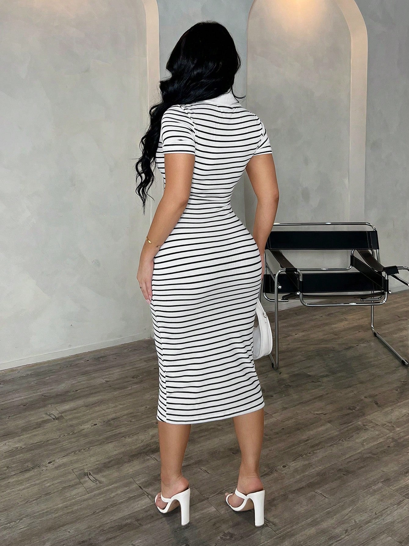 SXY Women's Summer Casual Sexy Everyday Black And White Checkered Elegant Polo Shirt Dress,Knit Stretchy Fitted Midi Bodycon Stripe Collared French Chic