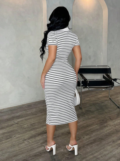 SXY Women's Summer Casual Sexy Everyday Black And White Checkered Elegant Polo Shirt Dress,Knit Stretchy Fitted Midi Bodycon Stripe Collared French Chic