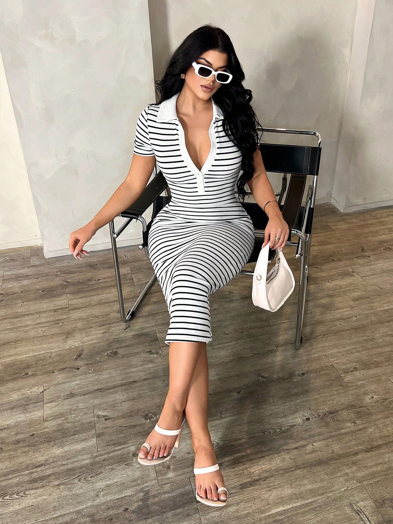 SXY Women's Summer Casual Sexy Everyday Black And White Checkered Elegant Polo Shirt Dress,Knit Stretchy Fitted Midi Bodycon Stripe Collared French Chic