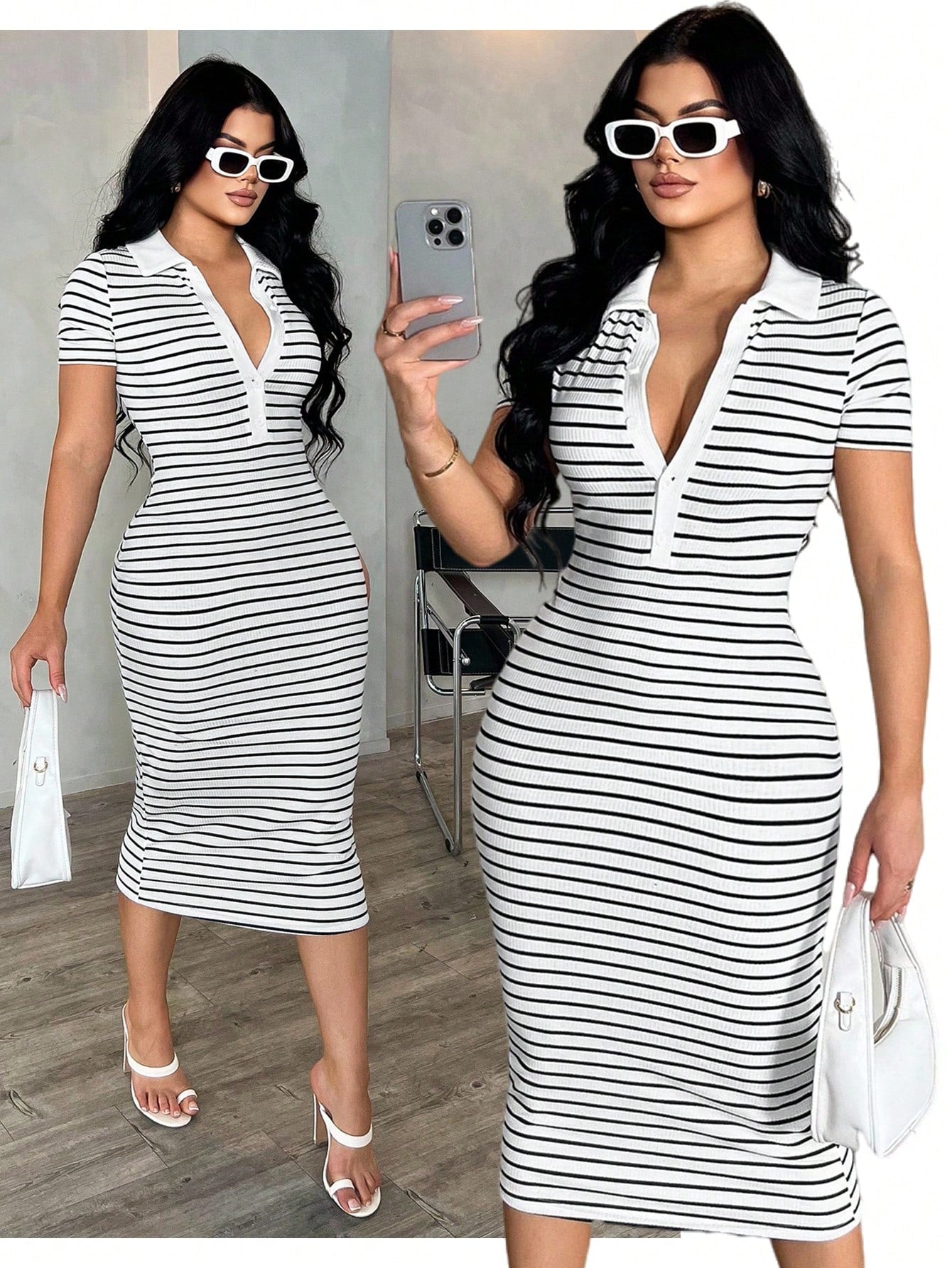 SXY Women's Summer Casual Sexy Everyday Black And White Checkered Elegant Polo Shirt Dress,Knit Stretchy Fitted Midi Bodycon Stripe Collared French Chic