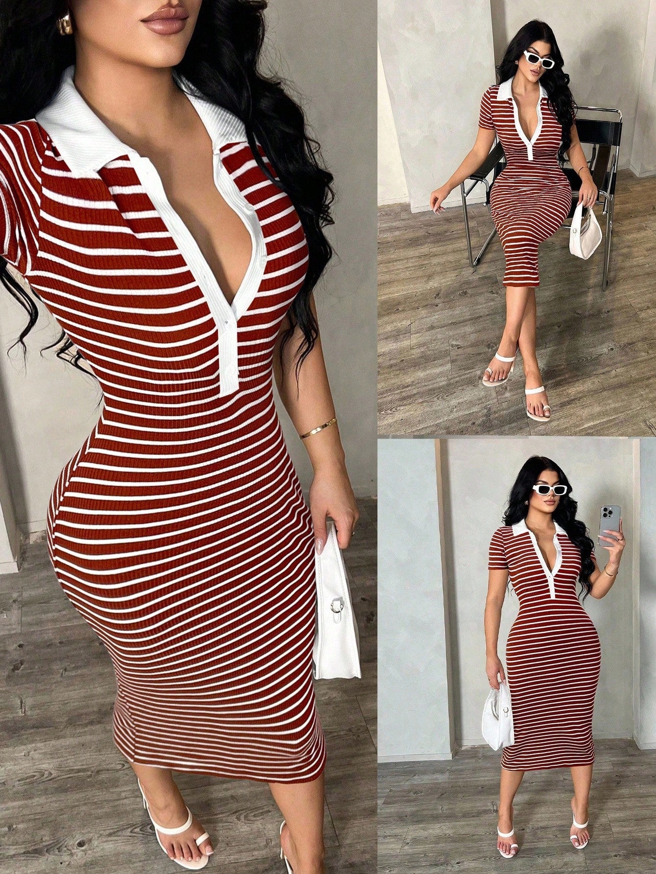 SXY Women's Summer Casual Sexy Everyday Black And White Checkered Elegant Polo Shirt Dress,Knit Stretchy Fitted Midi Bodycon Stripe Collared French Chic