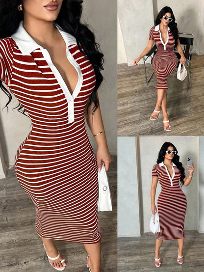 SXY Women's Summer Casual Sexy Everyday Black And White Checkered Elegant Polo Shirt Dress,Knit Stretchy Fitted Midi Bodycon Stripe Collared French Chic