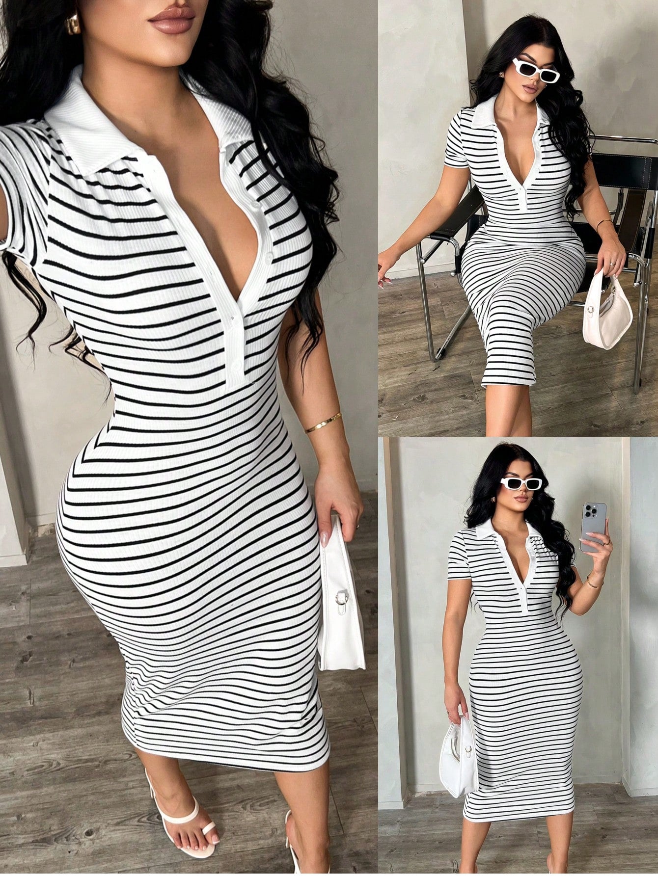 SXY Women's Summer Casual Sexy Everyday Black And White Checkered Elegant Polo Shirt Dress,Knit Stretchy Fitted Midi Bodycon Stripe Collared French Chic