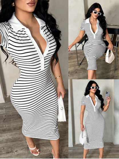SXY Women's Summer Casual Sexy Everyday Black And White Checkered Elegant Polo Shirt Dress,Knit Stretchy Fitted Midi Bodycon Stripe Collared French Chic