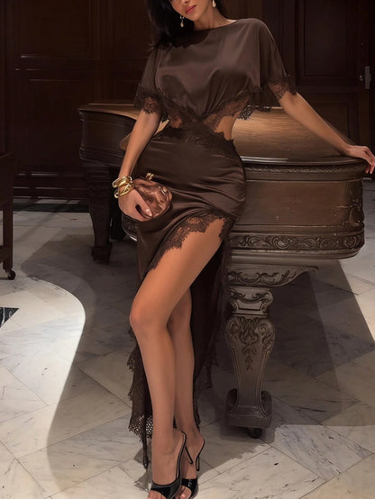 SXY Women's Summer Silk Lace Patchwork Asymmetric Elegant Hollow Out Dress Cocktail Party Dark Brown,Brown,Satin,Wedding Guest For Women,Going