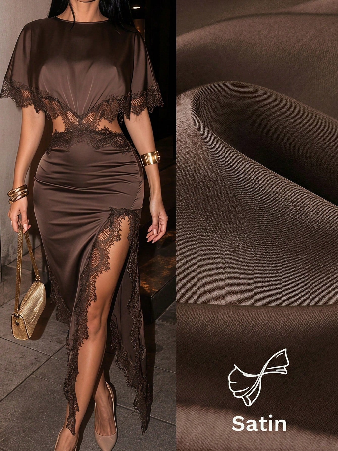 SXY Women's Summer Silk Lace Patchwork Asymmetric Elegant Hollow Out Dress Cocktail Party Dark Brown,Brown,Satin,Wedding Guest For Women,Going