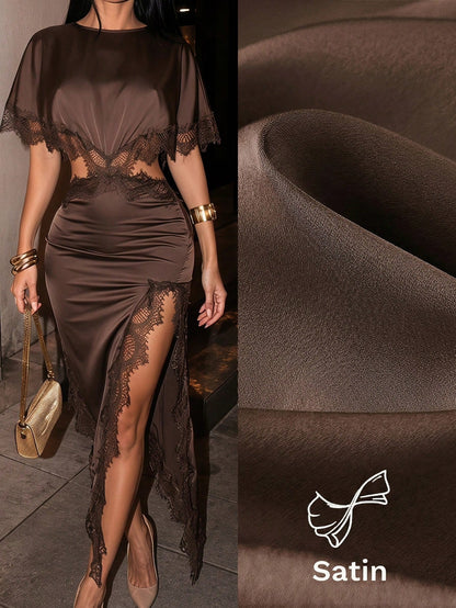 SXY Women's Summer Silk Lace Patchwork Asymmetric Elegant Hollow Out Dress Cocktail Party Dark Brown,Brown,Satin,Wedding Guest For Women,Going