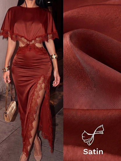SXY Women's Summer Silk Lace Patchwork Asymmetric Elegant Hollow Out Dress Cocktail Party Dark Brown,Brown,Satin,Wedding Guest For Women,Going