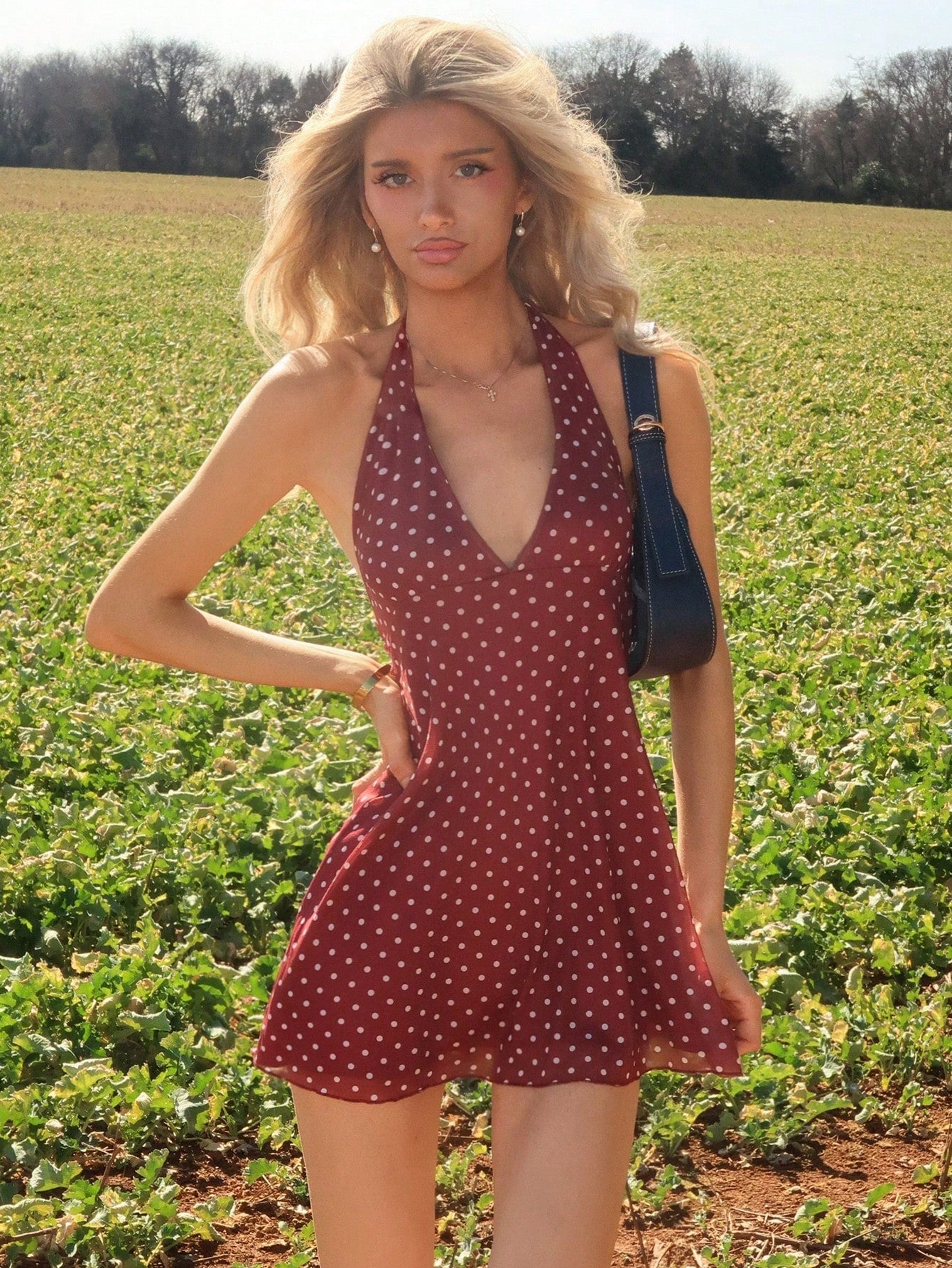 Sydney Algeri Romantic Polka Dot V-Neck Mini Dress For Women, Early Autumn Party
