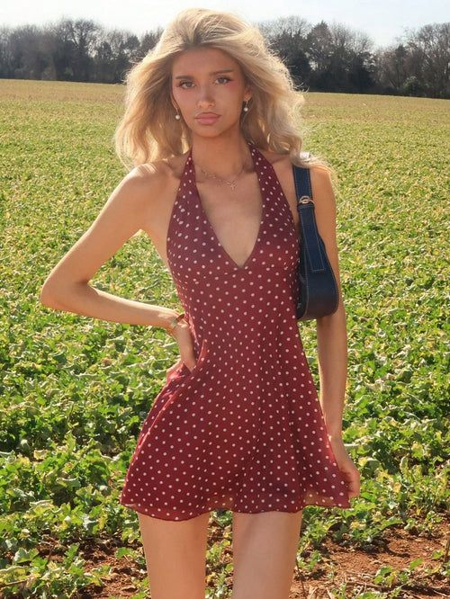 Sydney Algeri Romantic Polka Dot V-Neck Mini Dress For Women, Early Autumn Party