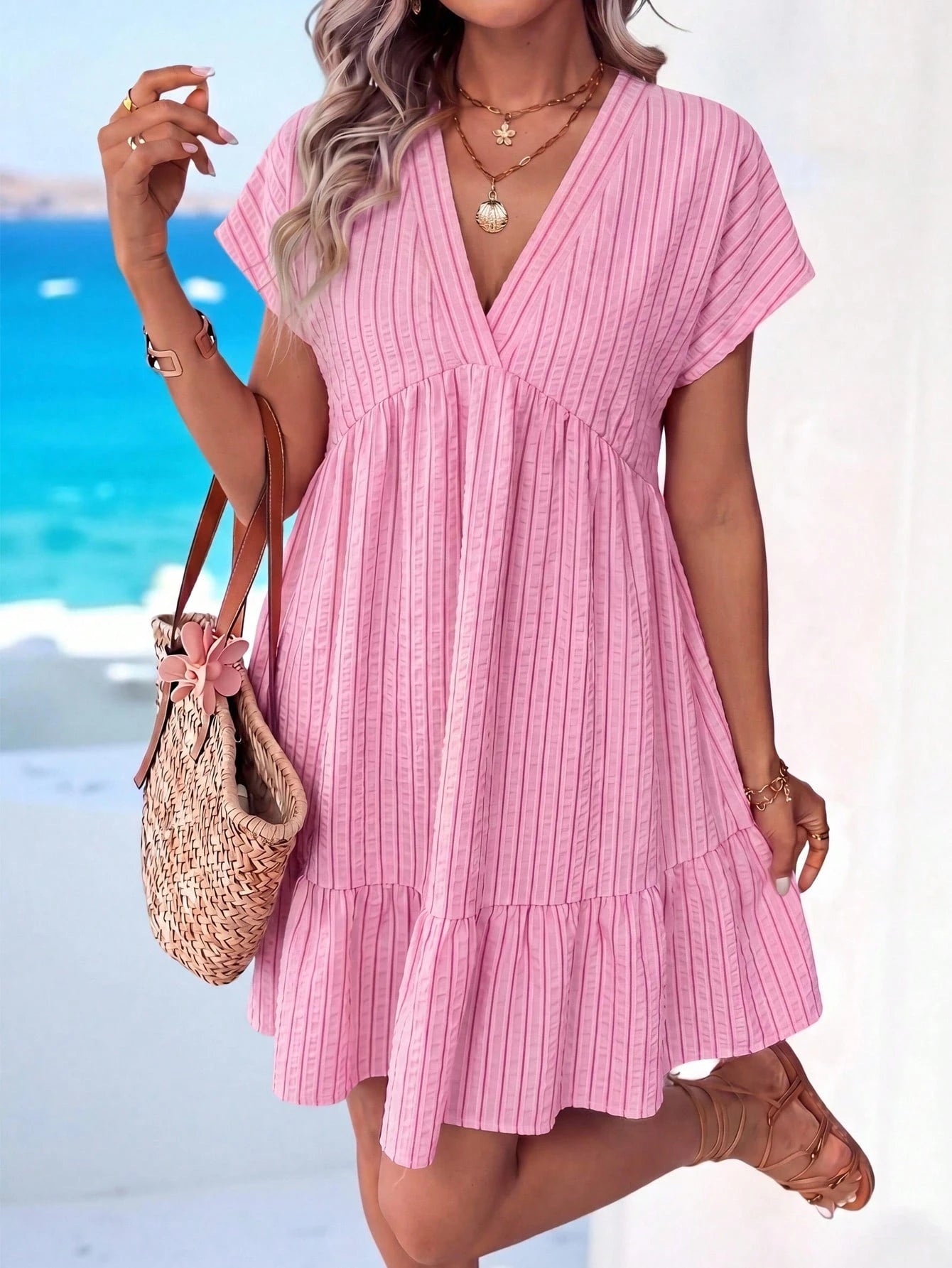 Sylviya Women's Casual Boho Pink Stripe Doll Collar Summer Vacation Dress,Summer Dresses For Women,Casual Dresses For Women Vacation Beach