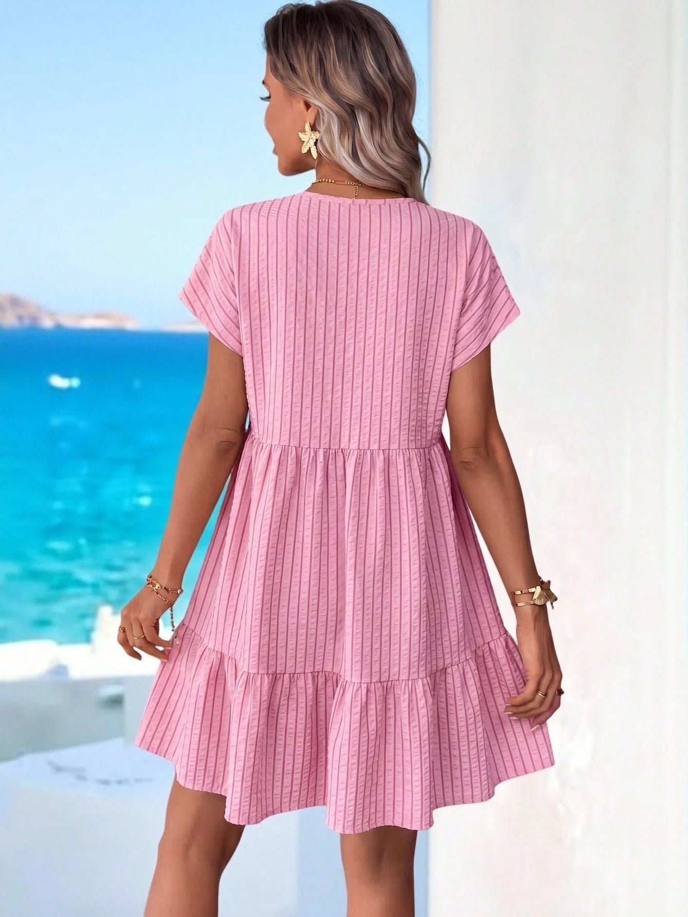Sylviya Women's Casual Boho Pink Stripe Doll Collar Summer Vacation Dress,Summer Dresses For Women,Casual Dresses For Women Vacation Beach