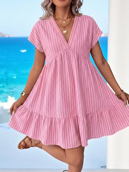Sylviya Women's Casual Boho Pink Stripe Doll Collar Summer Vacation Dress,Summer Dresses For Women,Casual Dresses For Women Vacation Beach