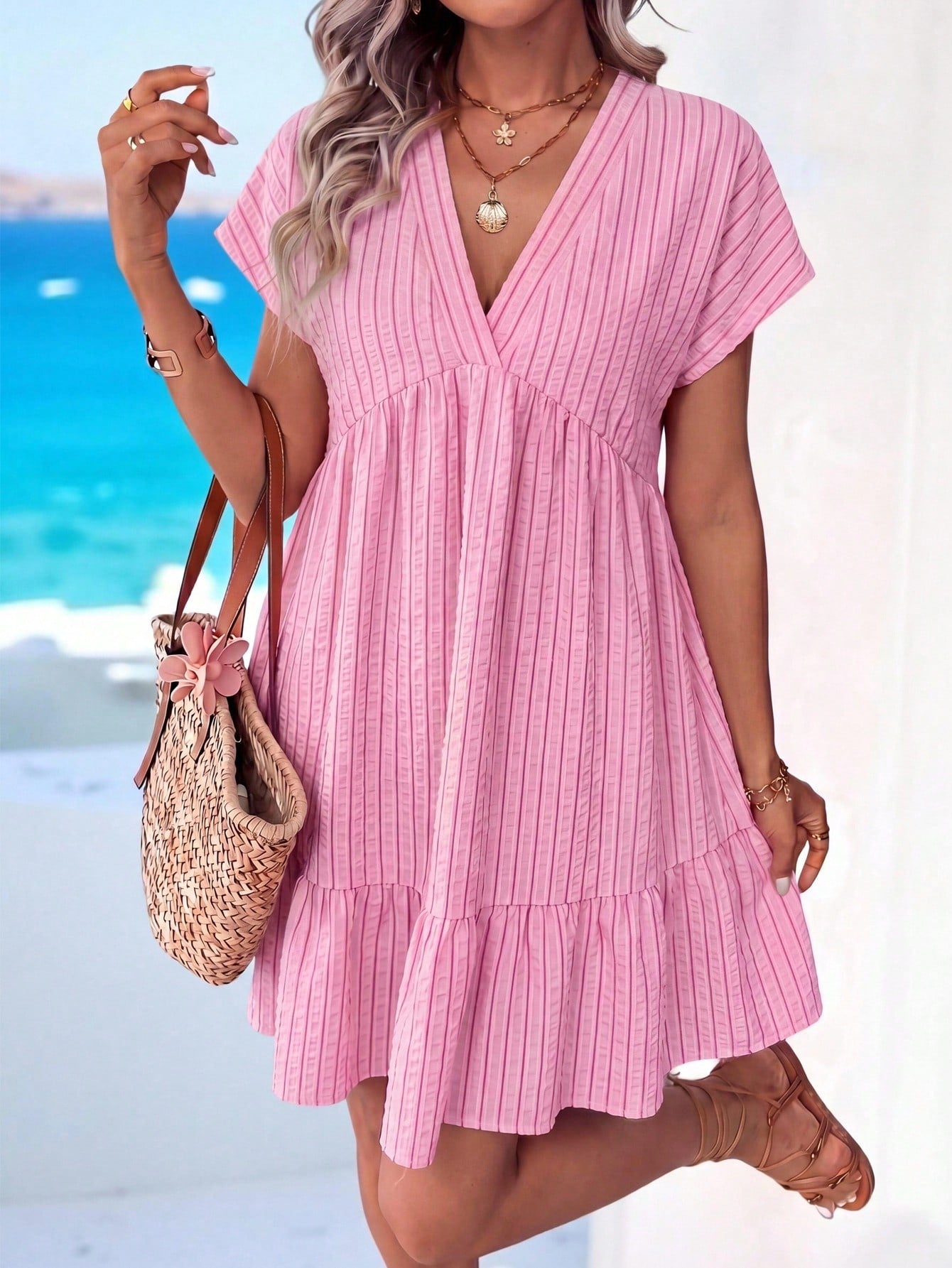 Sylviya Women's Casual Boho Pink Stripe Doll Collar Summer Vacation Dress,Summer Dresses For Women,Casual Dresses For Women Vacation Beach