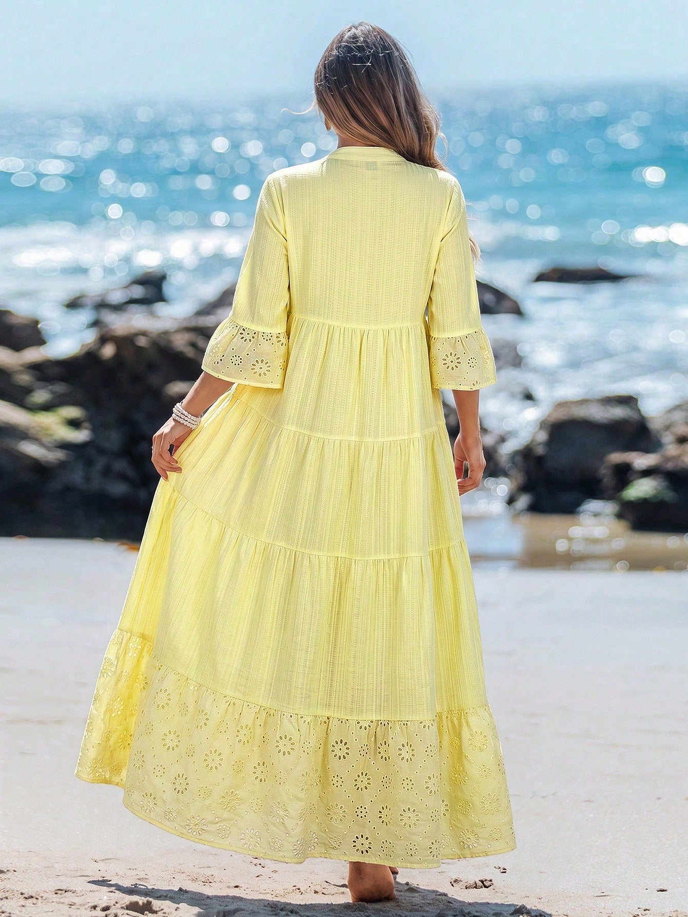 Sylviya Women's Casual Elegant Boho V-Neck Pale Yellow Beach Vacation Dress For Autumn Vacation Dress Outfits Beach Outfit For Women Beach Dresses