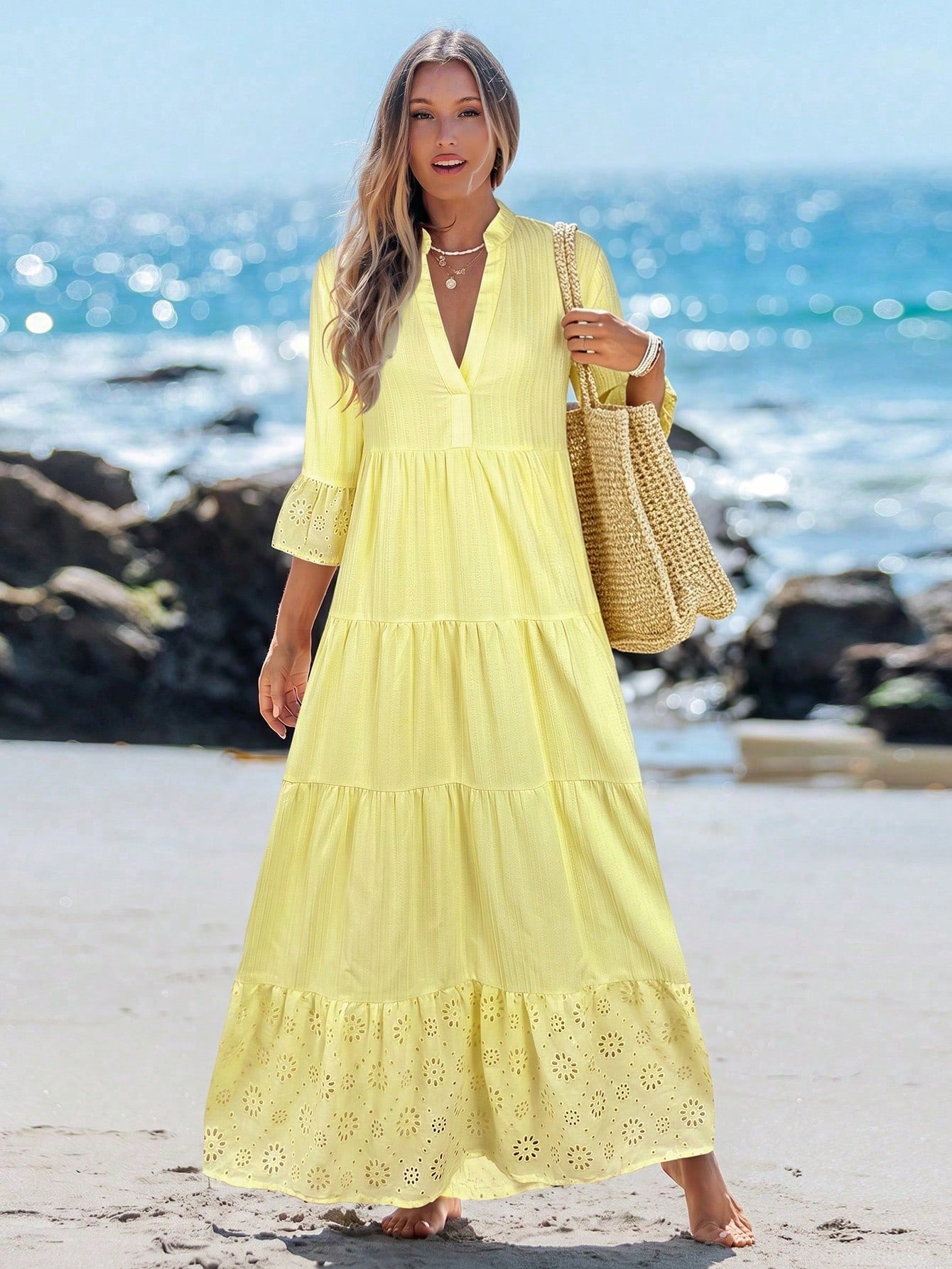 Sylviya Women's Casual Elegant Boho V-Neck Pale Yellow Beach Vacation Dress For Autumn Vacation Dress Outfits Beach Outfit For Women Beach Dresses