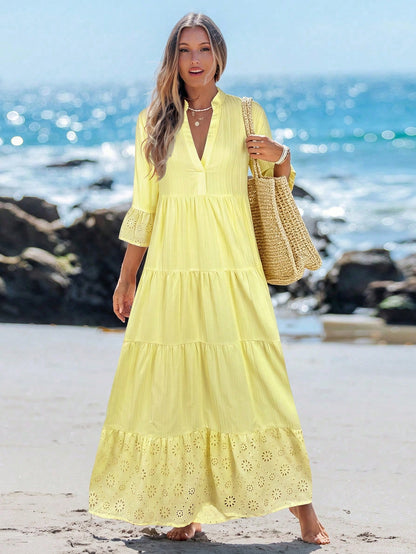 Sylviya Women's Casual Elegant Boho V-Neck Pale Yellow Beach Vacation Dress For Autumn Vacation Dress Outfits Beach Outfit For Women Beach Dresses