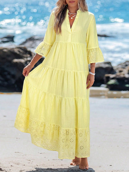 Sylviya Women's Casual Elegant Boho V-Neck Pale Yellow Beach Vacation Dress For Autumn Vacation Dress Outfits Beach Outfit For Women Beach Dresses