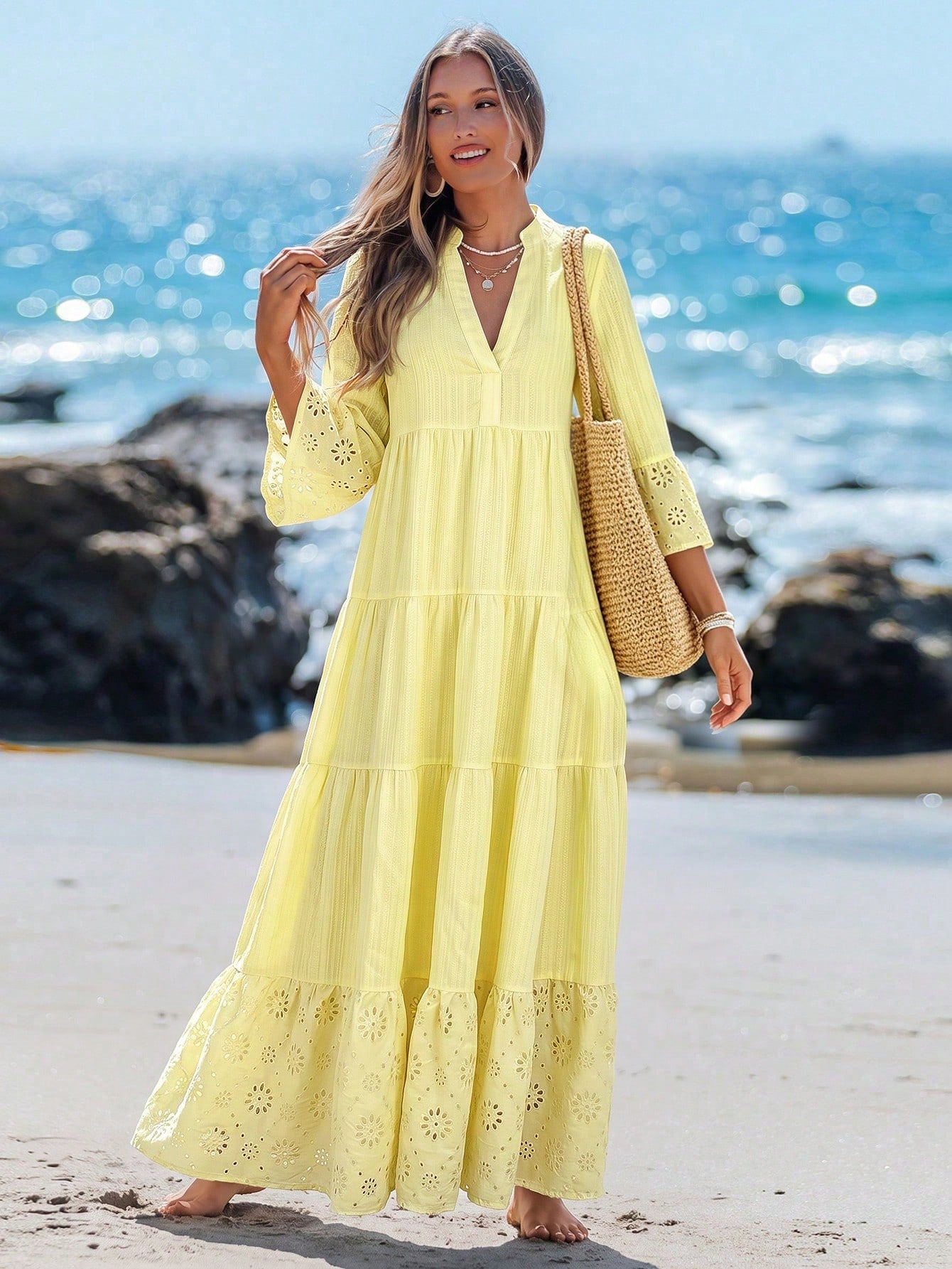 Sylviya Women's Casual Elegant Boho V-Neck Pale Yellow Beach Vacation Dress For Autumn Vacation Dress Outfits Beach Outfit For Women Beach Dresses