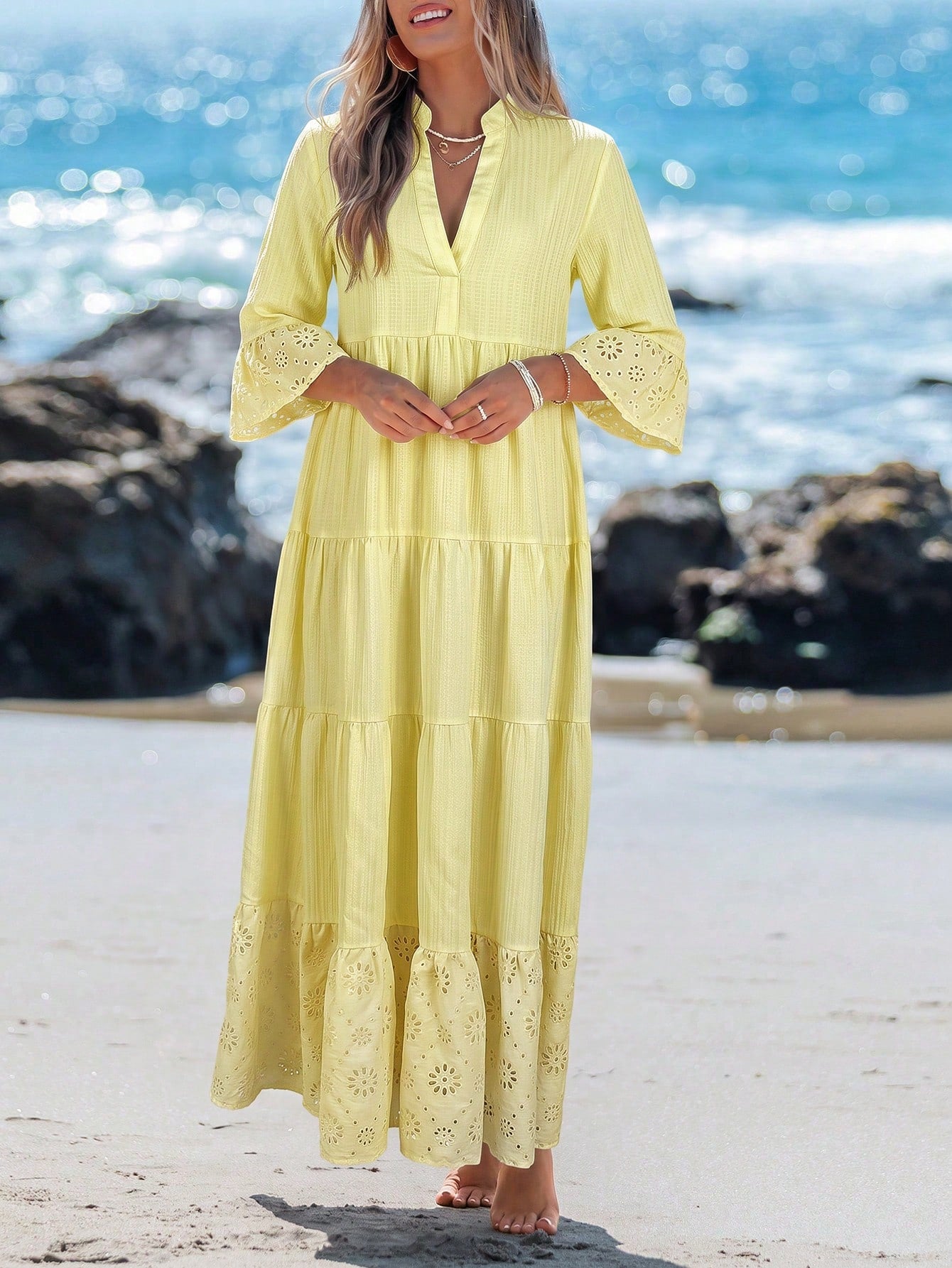 Sylviya Women's Casual Elegant Boho V-Neck Pale Yellow Beach Vacation Dress For Autumn Vacation Dress Outfits Beach Outfit For Women Beach Dresses