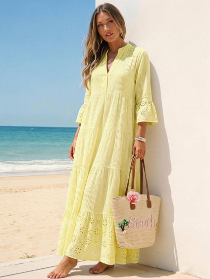 Sylviya Women's Casual Elegant Boho V-Neck Pale Yellow Beach Vacation Dress For Autumn Vacation Dress Outfits Beach Outfit For Women Beach Dresses