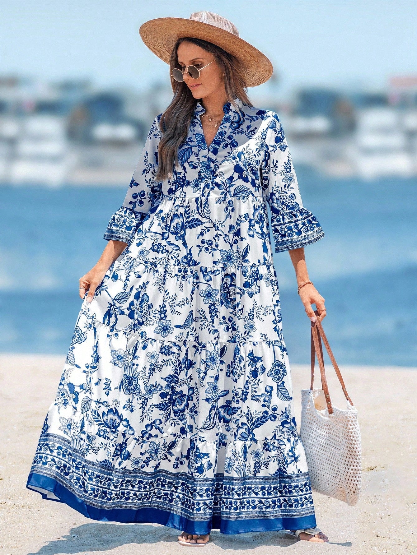 Sylviya Women's Long V-Neck Pleated Sleeve Dress, Suitable For Autumn Summer Chic Tropical Dress, Vacation Beach White And Blue Floral