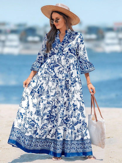 Sylviya Women's Long V-Neck Pleated Sleeve Dress, Suitable For Autumn Summer Chic Tropical Dress, Vacation Beach White And Blue Floral