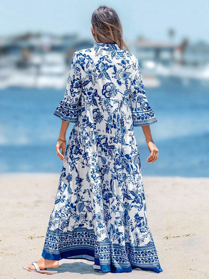 Sylviya Women's Long V-Neck Pleated Sleeve Dress, Suitable For Autumn Summer Chic Tropical Dress, Vacation Beach White And Blue Floral