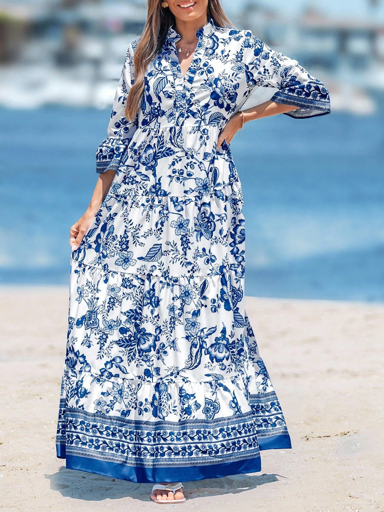 Sylviya Women's Long V-Neck Pleated Sleeve Dress, Suitable For Autumn Summer Chic Tropical Dress, Vacation Beach White And Blue Floral