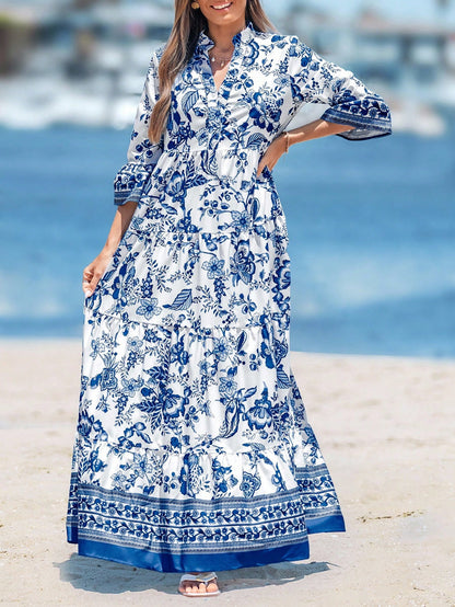 Sylviya Women's Long V-Neck Pleated Sleeve Dress, Suitable For Autumn Summer Chic Tropical Dress, Vacation Beach White And Blue Floral