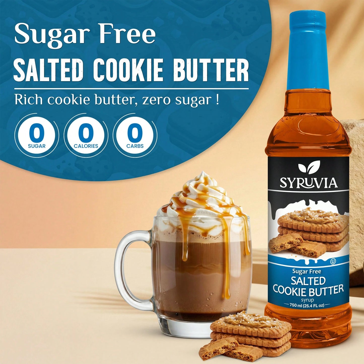 Syruvia Sugar-Free Salted Cookie Butter Coffee Syrup- 25.4 Fl Oz Premium Coffee Flavoring Syrup- 0 Calorie- Kosher Syrups, Gluten Free, Perfect For Drinks, Soda, Shakes, Desserts, And More.