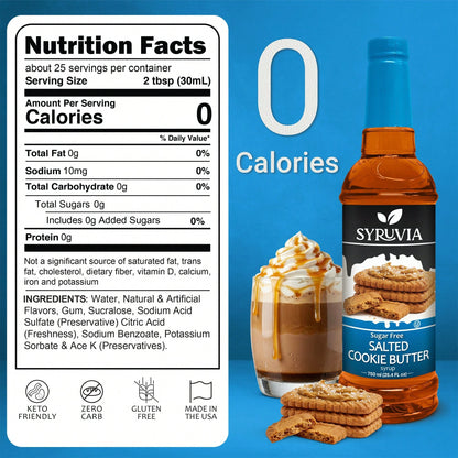 Syruvia Sugar-Free Salted Cookie Butter Coffee Syrup- 25.4 Fl Oz Premium Coffee Flavoring Syrup- 0 Calorie- Kosher Syrups, Gluten Free, Perfect For Drinks, Soda, Shakes, Desserts, And More.