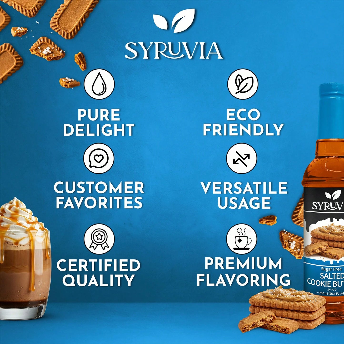 Syruvia Sugar-Free Salted Cookie Butter Coffee Syrup- 25.4 Fl Oz Premium Coffee Flavoring Syrup- 0 Calorie- Kosher Syrups, Gluten Free, Perfect For Drinks, Soda, Shakes, Desserts, And More.