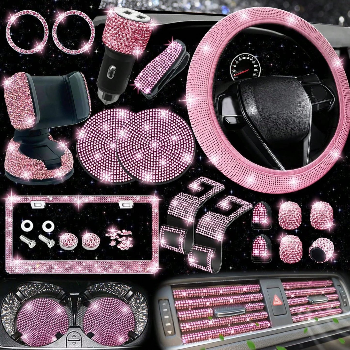 TAIMASI 27-Piece Bling Car Accessories Set- Universal Fit Steering Wheel Covers, License Plate Frames, Phone Holder, Car Fast Charger, Coasters