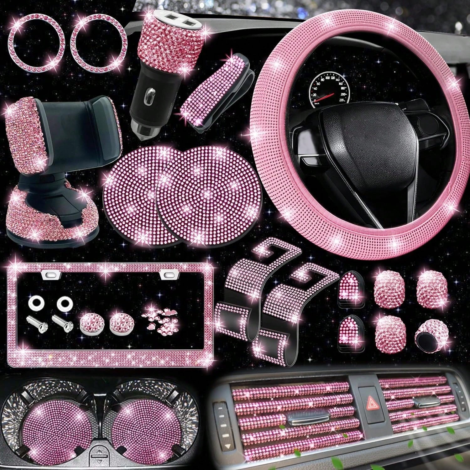 TAIMASI 27-Piece Bling Car Accessories Set- Universal Fit Steering Wheel Covers, License Plate Frames, Phone Holder, Car Fast Charger, Coasters
