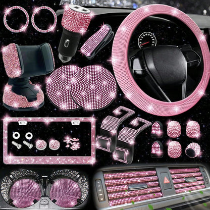 TAIMASI 27-Piece Bling Car Accessories Set- Universal Fit Steering Wheel Covers, License Plate Frames, Phone Holder, Car Fast Charger, Coasters