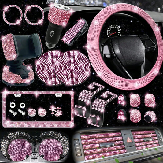 TAIMASI 27-Piece Bling Car Accessories Set- Universal Fit Steering Wheel Covers, License Plate Frames, Phone Holder, Car Fast Charger, Coasters