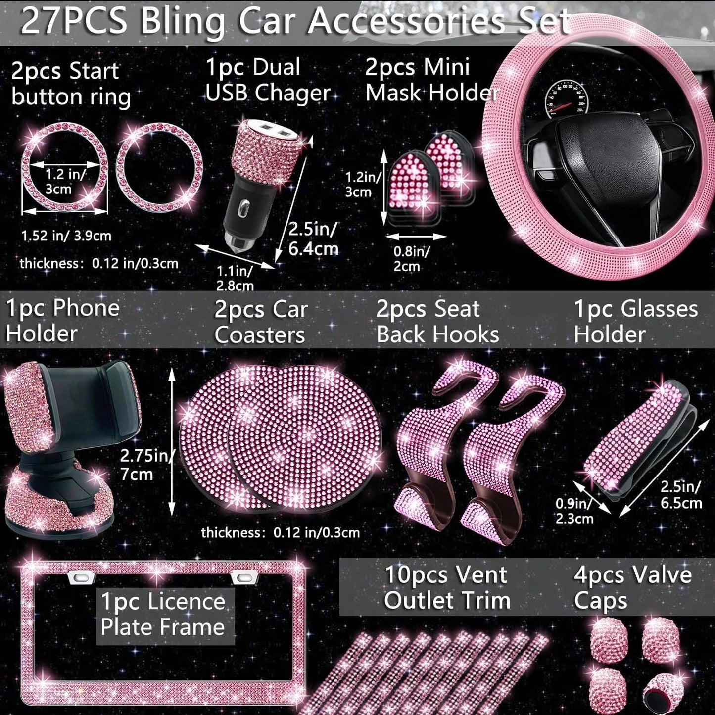 TAIMASI 27-Piece Bling Car Accessories Set- Universal Fit Steering Wheel Covers, License Plate Frames, Phone Holder, Car Fast Charger, Coasters