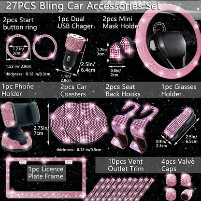 TAIMASI 27-Piece Bling Car Accessories Set- Universal Fit Steering Wheel Covers, License Plate Frames, Phone Holder, Car Fast Charger, Coasters