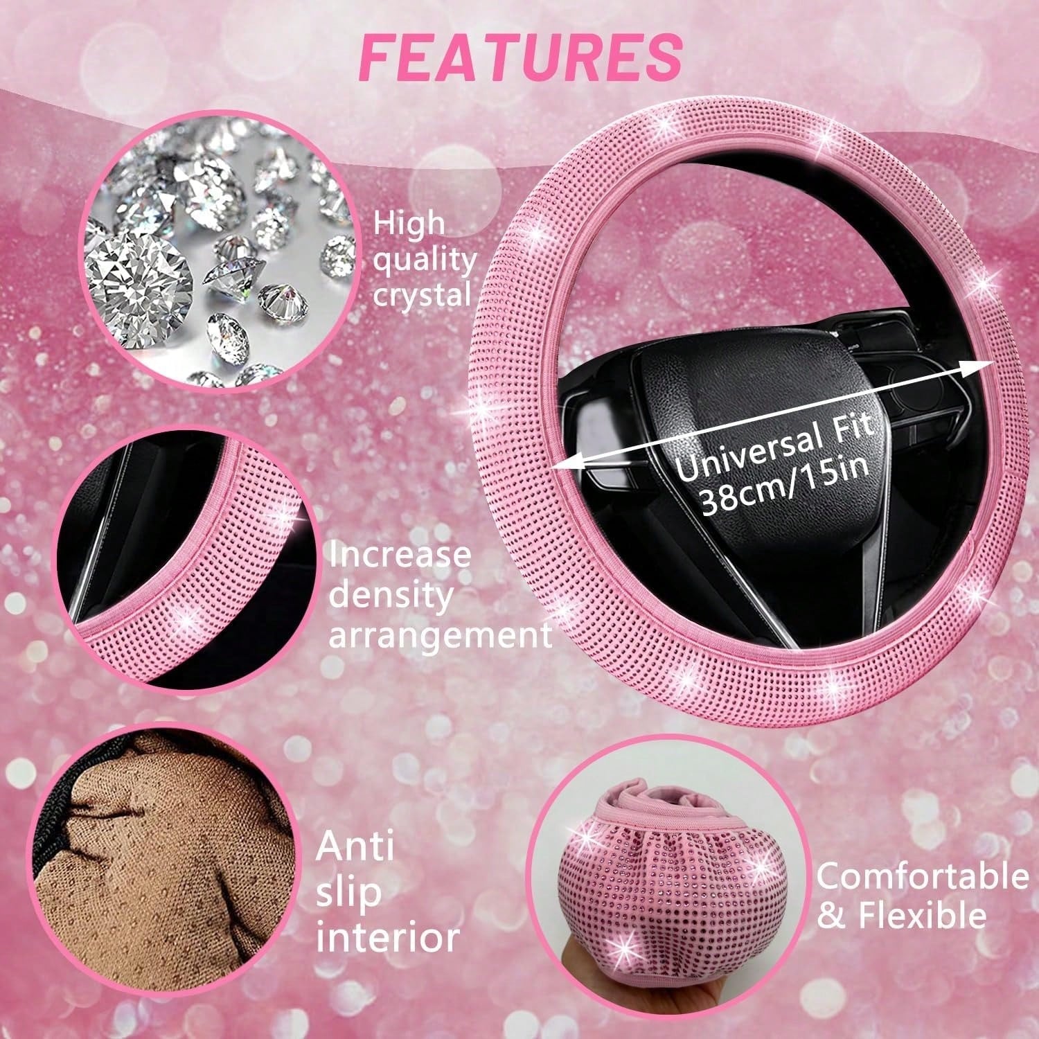 TAIMASI 27-Piece Bling Car Accessories Set- Universal Fit Steering Wheel Covers, License Plate Frames, Phone Holder, Car Fast Charger, Coasters