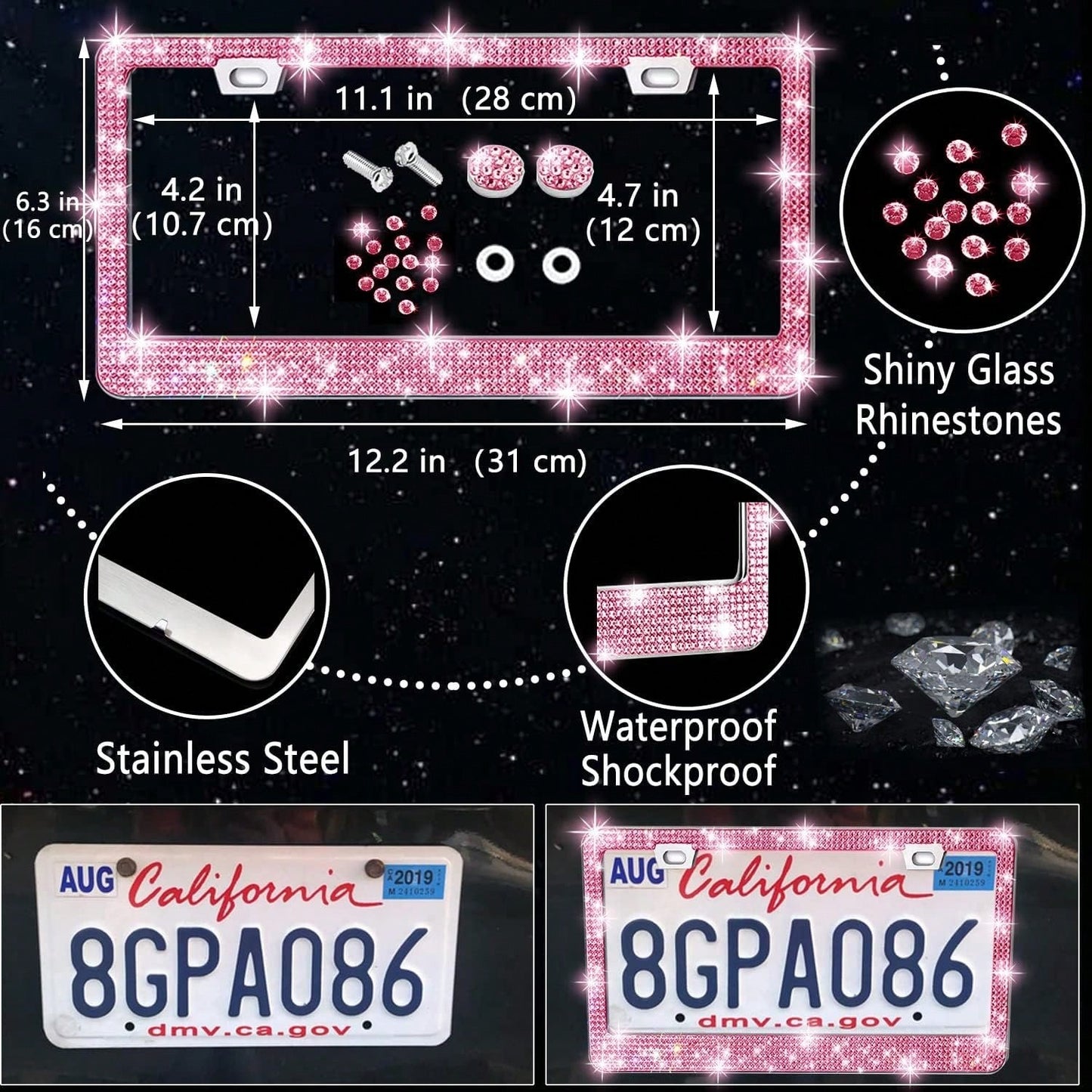 TAIMASI 27-Piece Bling Car Accessories Set- Universal Fit Steering Wheel Covers, License Plate Frames, Phone Holder, Car Fast Charger, Coasters