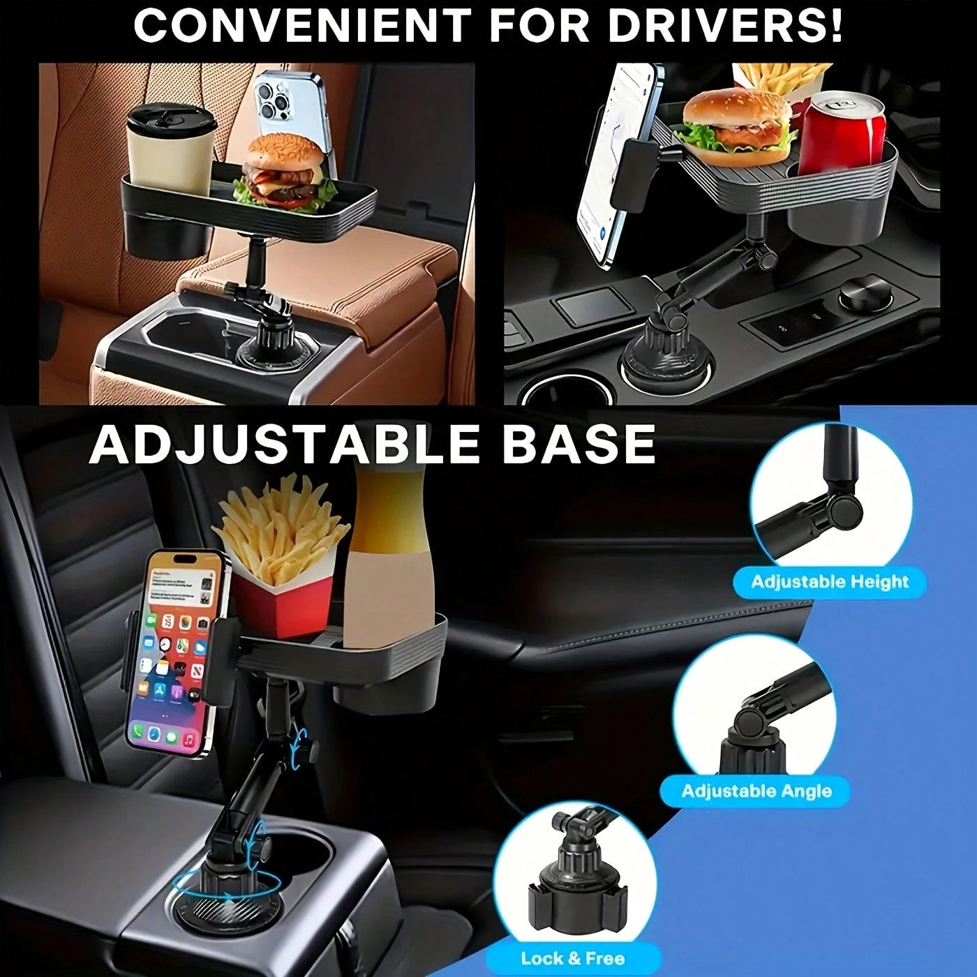 TAIMASI Universal 360° Adjustable Car Cup Holder – Large Food Tray & Drink Rack, Compact And Easy To Install, Quick Access For Small Cars, Ideal Birthday Halloween Christmas Holiday Gift