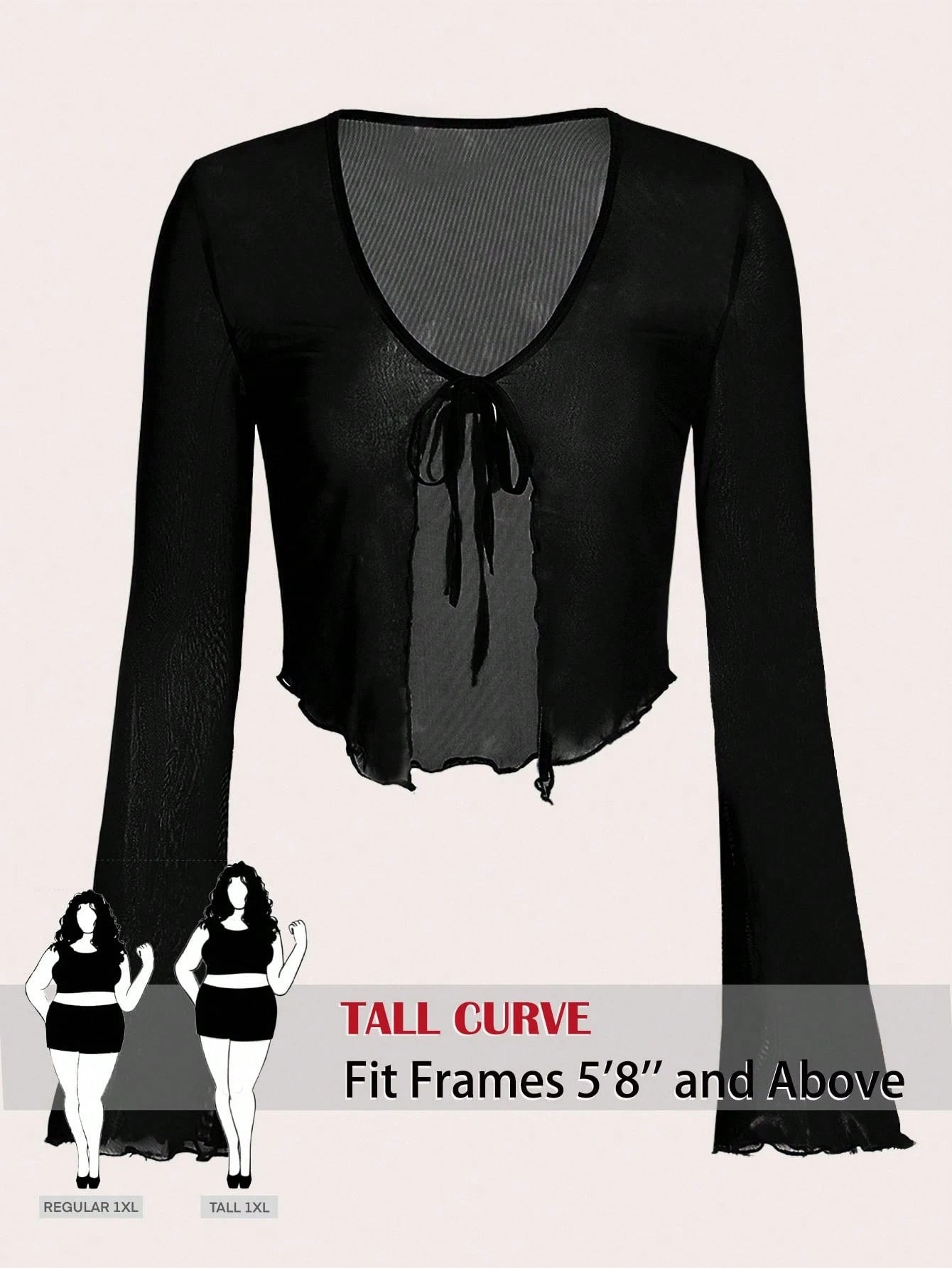 Tall CURVE Plus Size Black Tie Front Flare Sleeve Lettuce Trim Mesh Top,Ladies Classy Night Out Rave Cocktail Concert Club Sheer Autumn Tall Curve V Neck Sexy