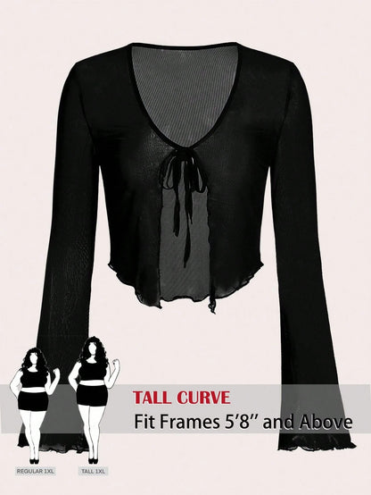 Tall CURVE Plus Size Black Tie Front Flare Sleeve Lettuce Trim Mesh Top,Ladies Classy Night Out Rave Cocktail Concert Club Sheer Autumn Tall Curve V Neck Sexy
