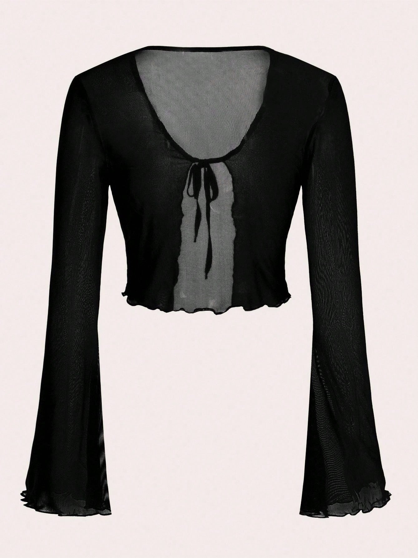 Tall CURVE Plus Size Black Tie Front Flare Sleeve Lettuce Trim Mesh Top,Ladies Classy Night Out Rave Cocktail Concert Club Sheer Autumn Tall Curve V Neck Sexy