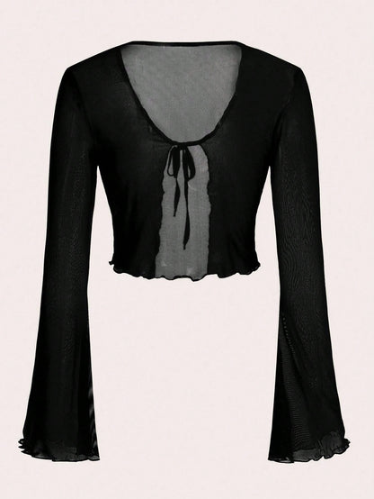 Tall CURVE Plus Size Black Tie Front Flare Sleeve Lettuce Trim Mesh Top,Ladies Classy Night Out Rave Cocktail Concert Club Sheer Autumn Tall Curve V Neck Sexy