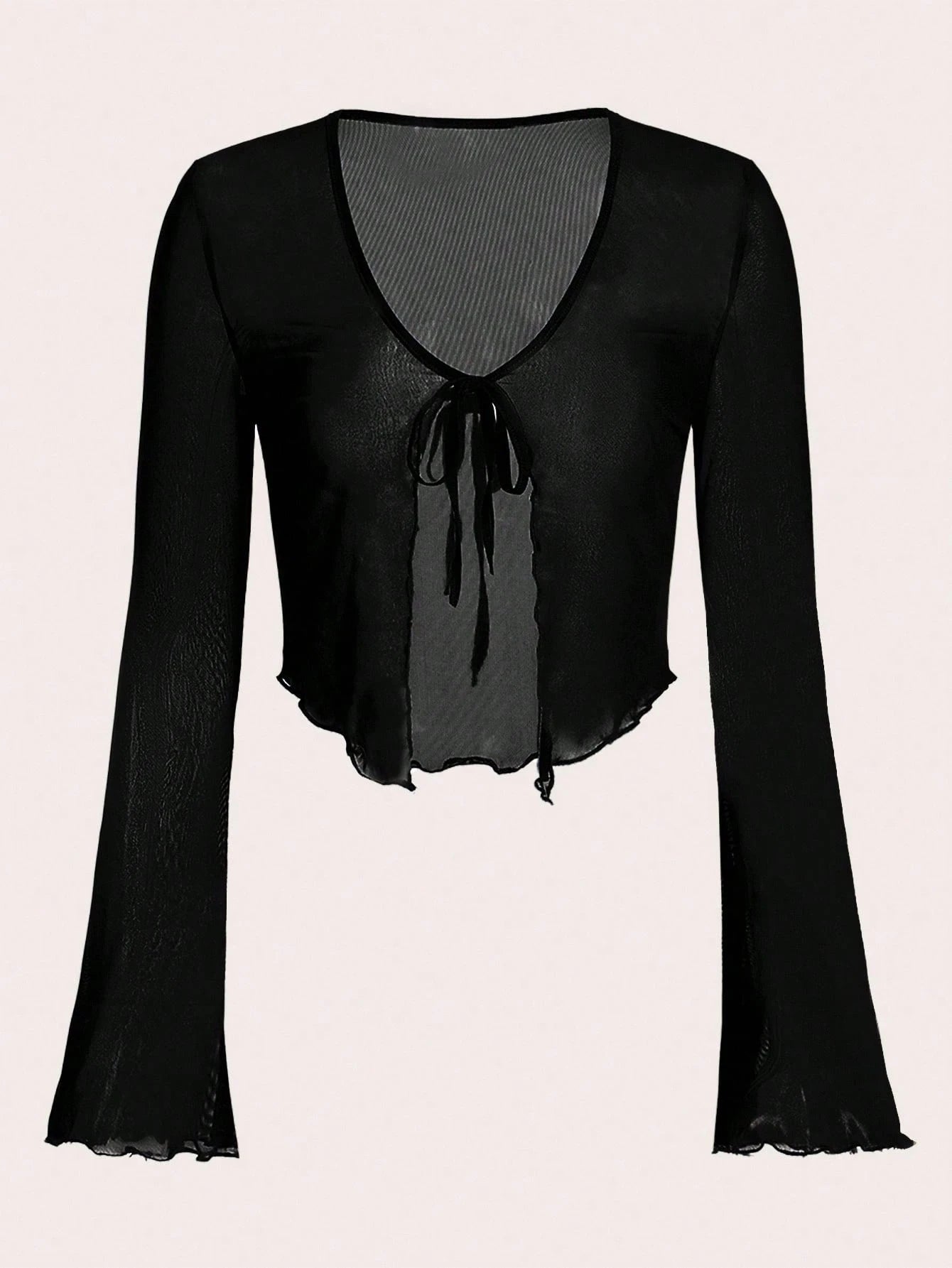 Tall CURVE Plus Size Black Tie Front Flare Sleeve Lettuce Trim Mesh Top,Ladies Classy Night Out Rave Cocktail Concert Club Sheer Autumn Tall Curve V Neck Sexy